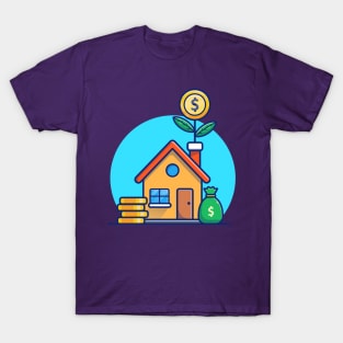 House With Gold Coin Money Plant Cartoon T-Shirt